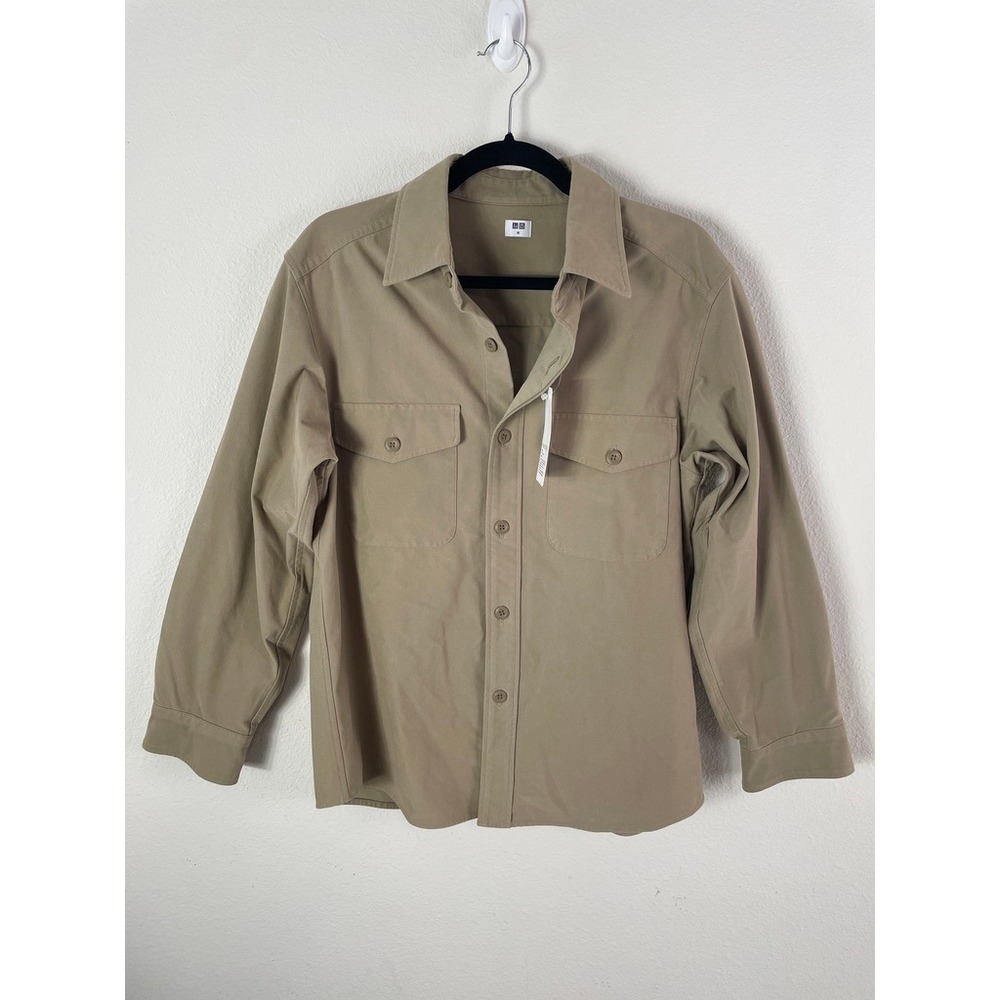 NEW Uniqlo Mens Medium Beige Utility Shirt Jacket Cotton Blend Stretch Button Up